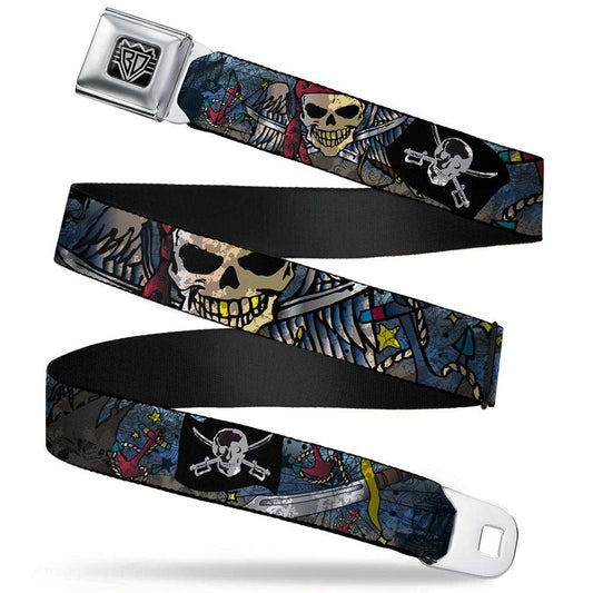 BD Wings Logo CLOSE-UP Full Color Black Silver Seatbelt Belt - Dead Men Tell No Tales CLOSE-UP Turquoise Webbing - Buckle-Down - Flyclothing LLC