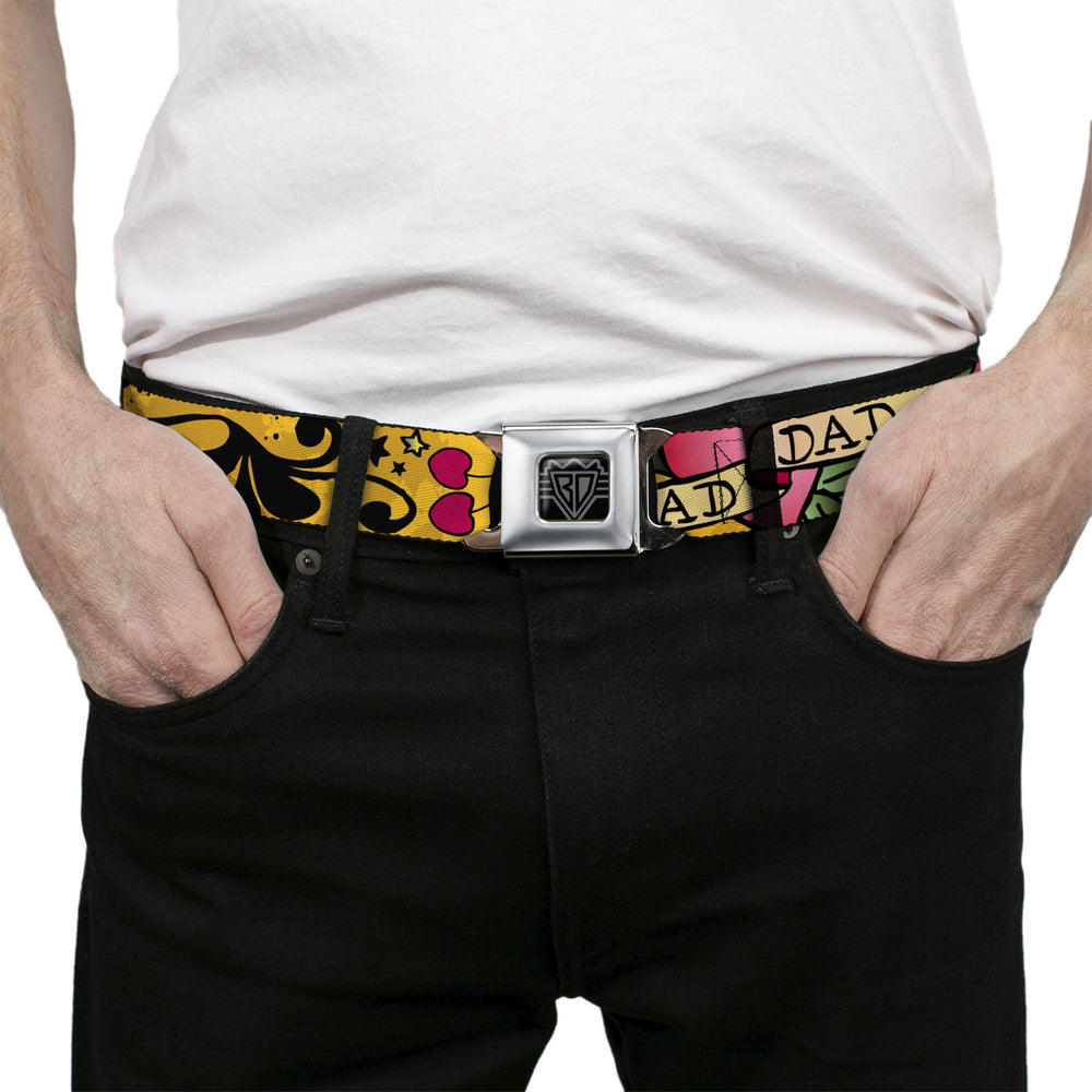 BD Wings Logo CLOSE-UP Full Color Black Silver Seatbelt Belt - Dad & Dad Yellow Webbing - Buckle-Down - Flyclothing LLC
