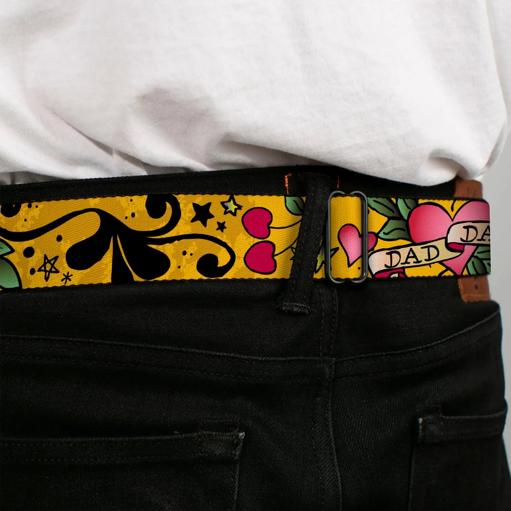 BD Wings Logo CLOSE-UP Full Color Black Silver Seatbelt Belt - Dad & Dad Yellow Webbing - Buckle-Down - Flyclothing LLC