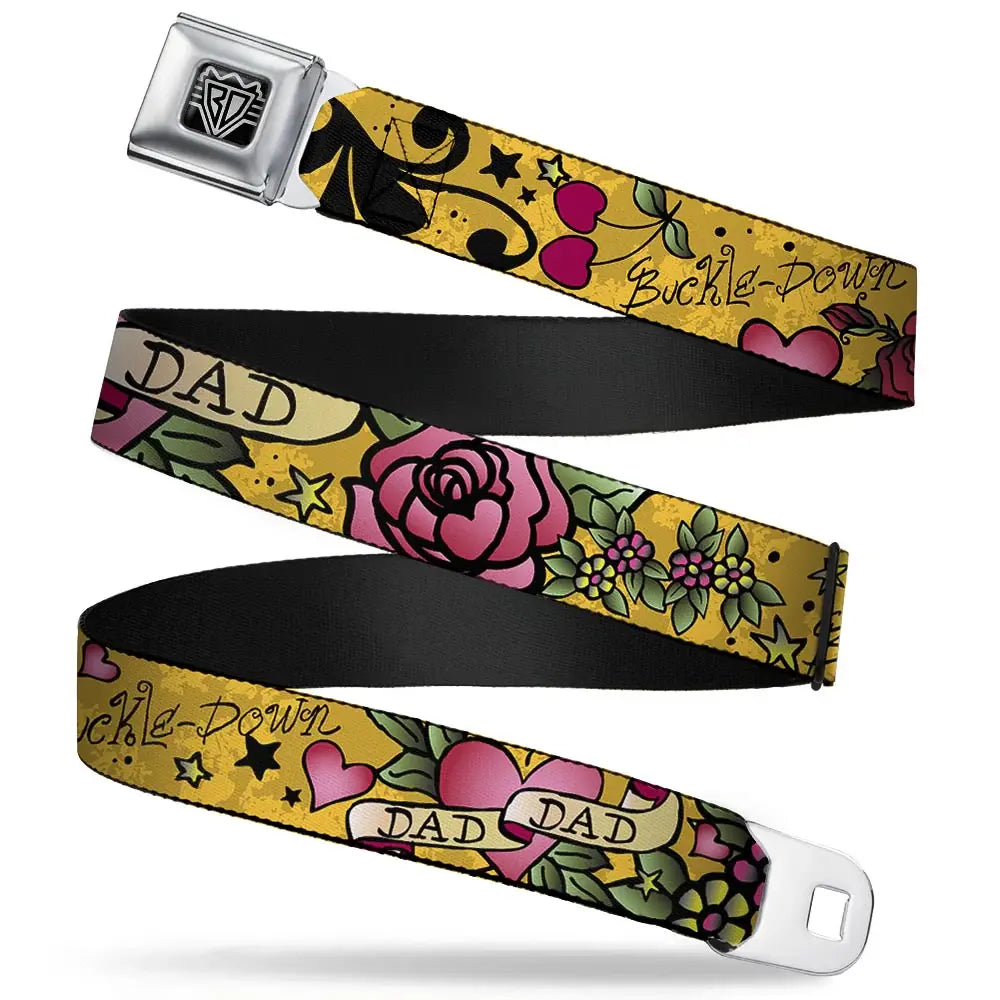 BD Wings Logo CLOSE-UP Full Color Black Silver Seatbelt Belt - Dad & Dad Yellow Webbing - Buckle-Down - Flyclothing LLC