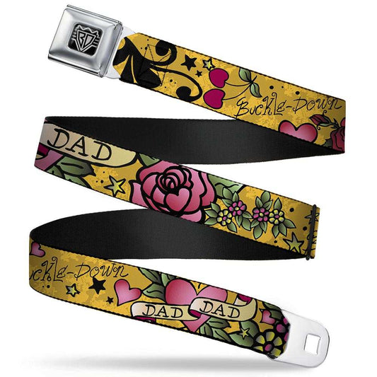 BD Wings Logo CLOSE-UP Full Color Black Silver Seatbelt Belt - Dad & Dad Yellow Webbing - Buckle-Down - Flyclothing LLC