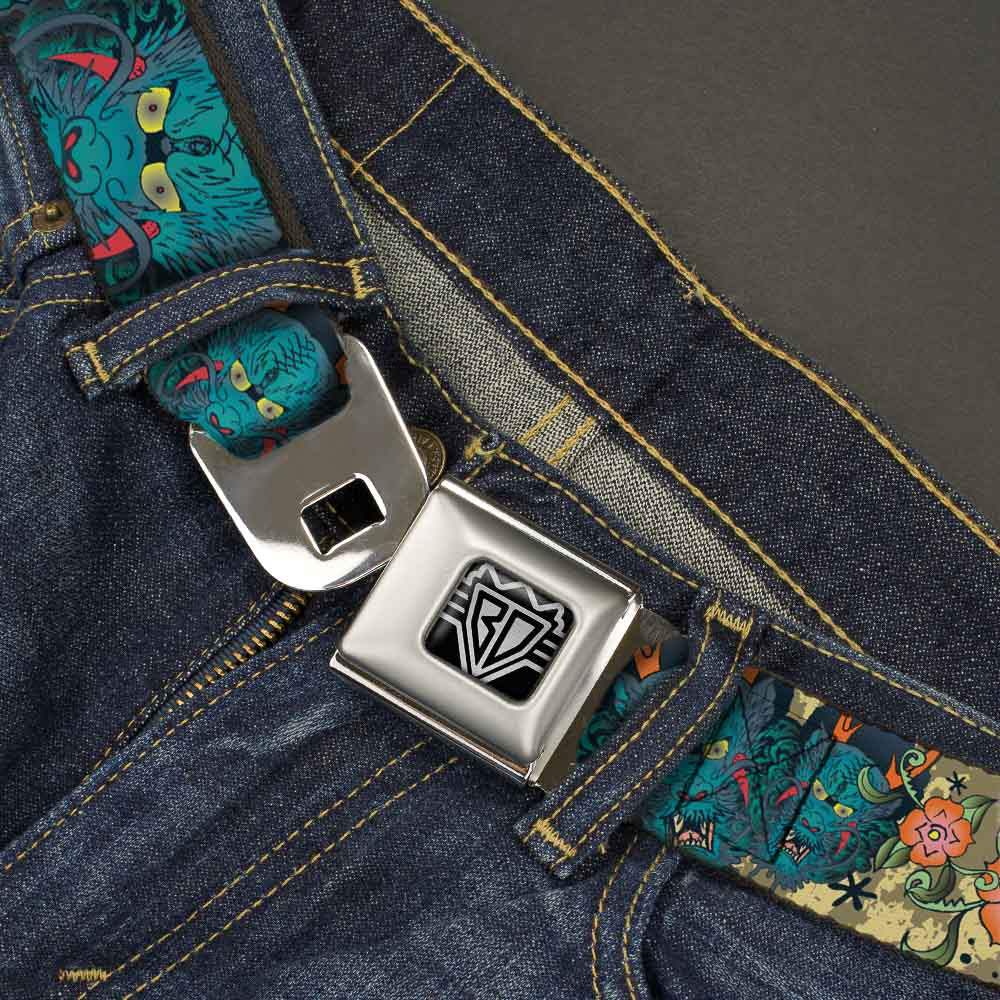 BD Wings Logo CLOSE-UP Full Color Black Silver Seatbelt Belt - Honor Tan Webbing - Buckle-Down - Flyclothing LLC