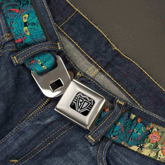 BD Wings Logo CLOSE-UP Full Color Black Silver Seatbelt Belt - Honor Tan Webbing - Buckle-Down - Flyclothing LLC