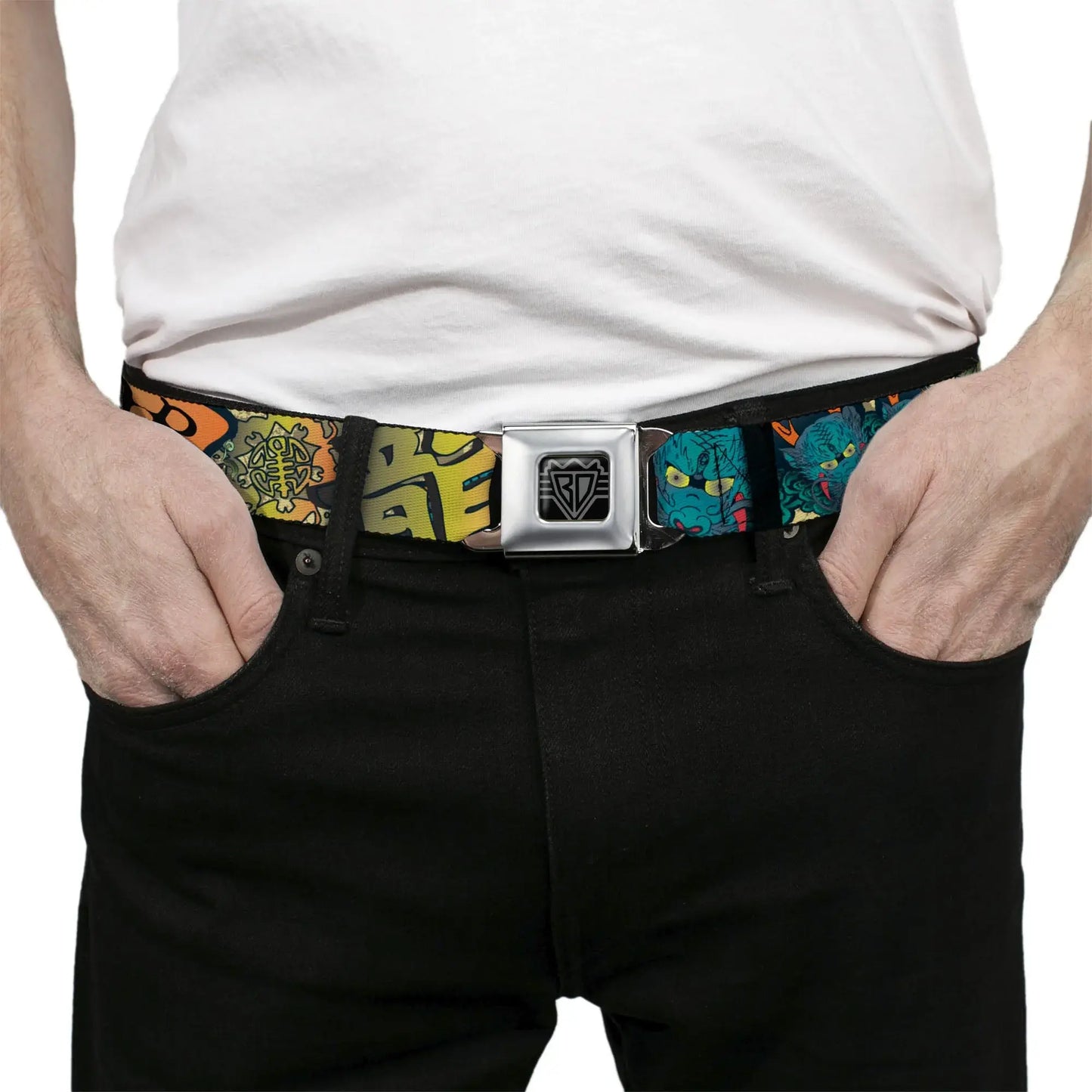 BD Wings Logo CLOSE-UP Full Color Black Silver Seatbelt Belt - Honor Tan Webbing - Buckle-Down - Flyclothing LLC
