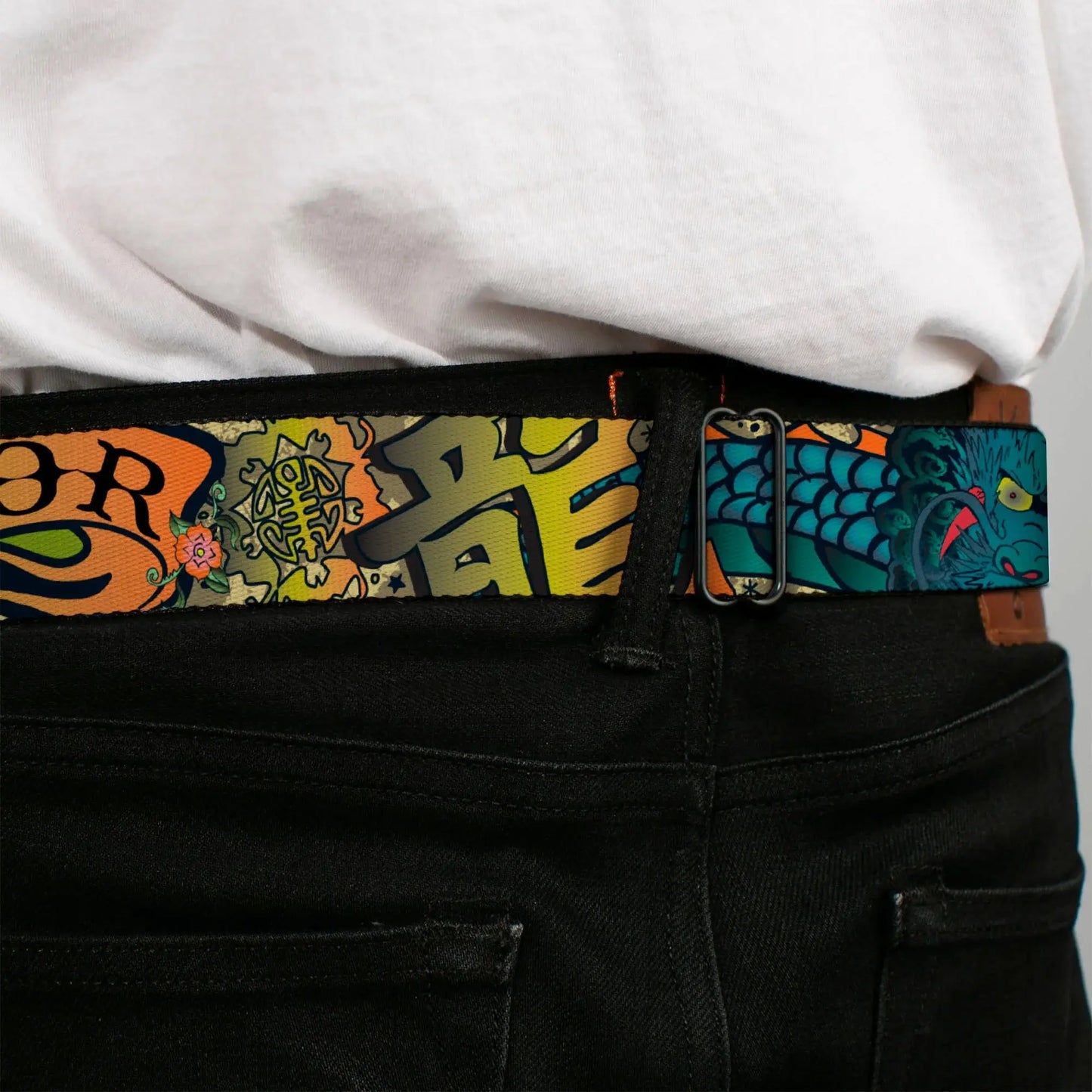 BD Wings Logo CLOSE-UP Full Color Black Silver Seatbelt Belt - Honor Tan Webbing - Buckle-Down - Flyclothing LLC