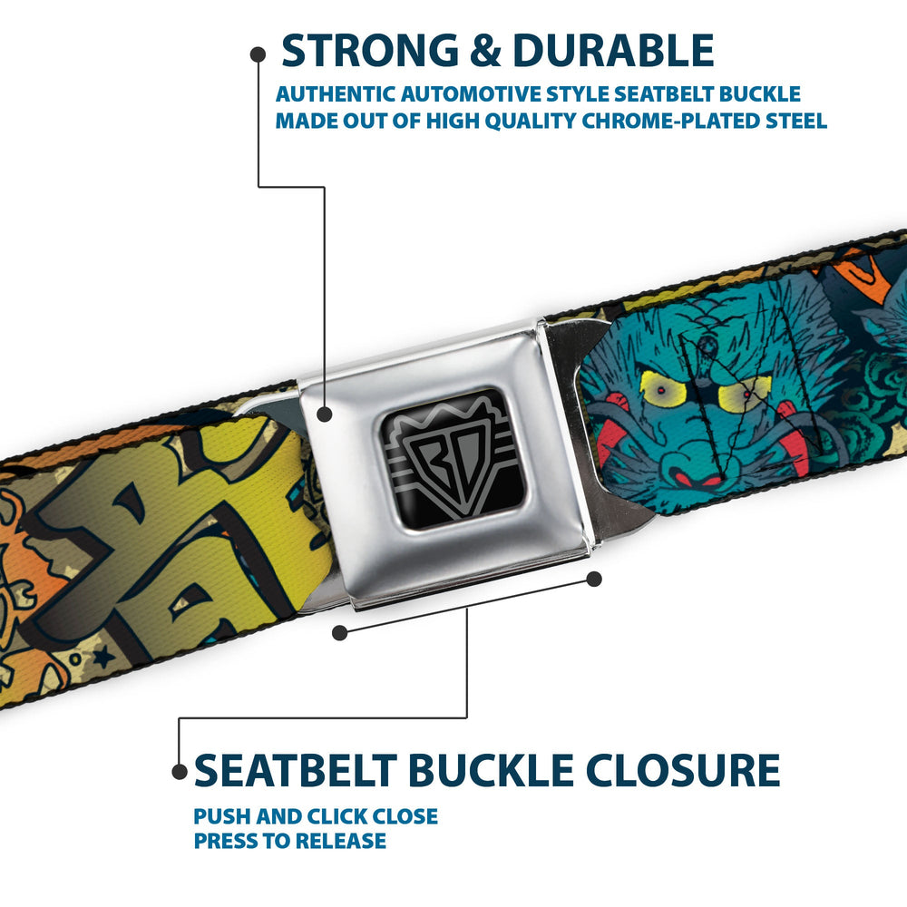 BD Wings Logo CLOSE-UP Full Color Black Silver Seatbelt Belt - Honor Tan Webbing - Buckle-Down - Flyclothing LLC