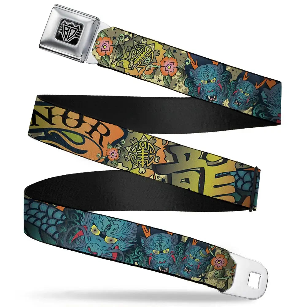 BD Wings Logo CLOSE-UP Full Color Black Silver Seatbelt Belt - Honor Tan Webbing - Buckle-Down - Flyclothing LLC