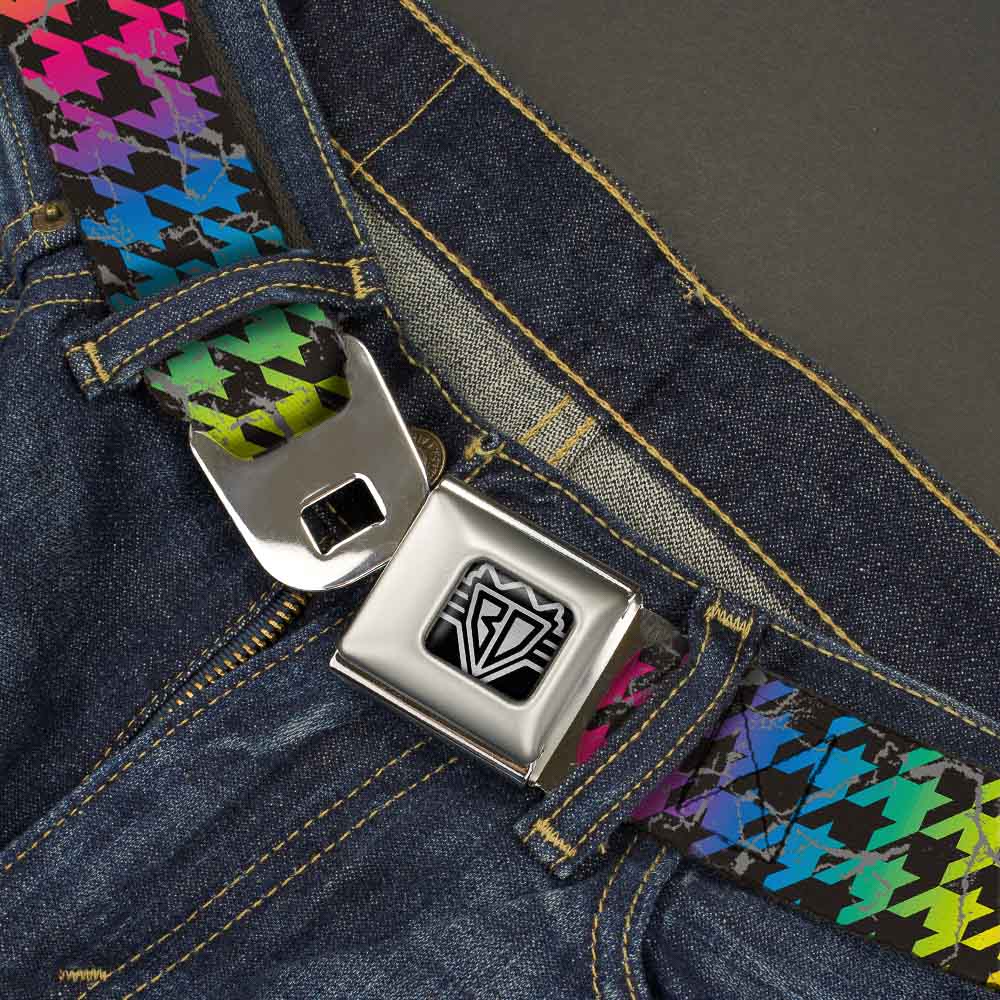 BD Wings Logo CLOSE-UP Full Color Black Silver Seatbelt Belt - Houndstooth Black/Rainbow Webbing - Buckle-Down - Flyclothing LLC