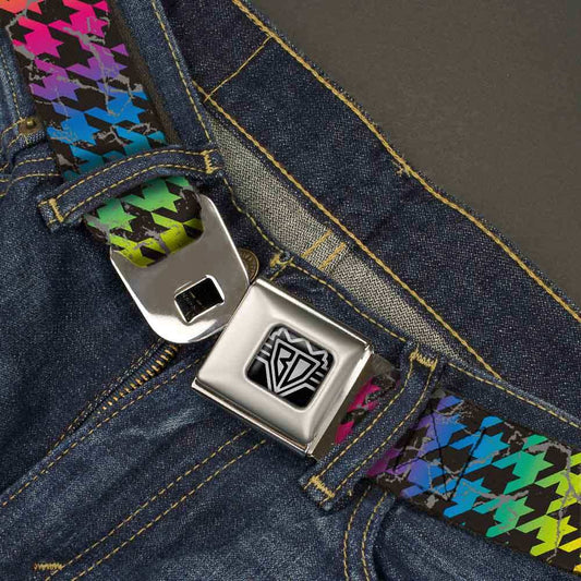 BD Wings Logo CLOSE-UP Full Color Black Silver Seatbelt Belt - Houndstooth Black/Rainbow Webbing - Buckle-Down - Flyclothing LLC