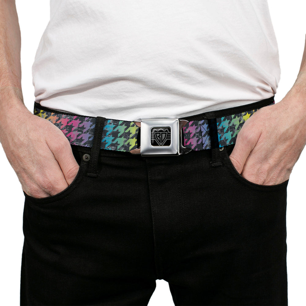 BD Wings Logo CLOSE-UP Full Color Black Silver Seatbelt Belt - Houndstooth Black/Rainbow Webbing - Buckle-Down - Flyclothing LLC