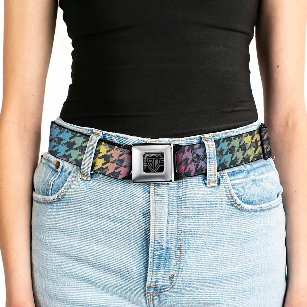 BD Wings Logo CLOSE-UP Full Color Black Silver Seatbelt Belt - Houndstooth Black/Rainbow Webbing - Buckle-Down - Flyclothing LLC
