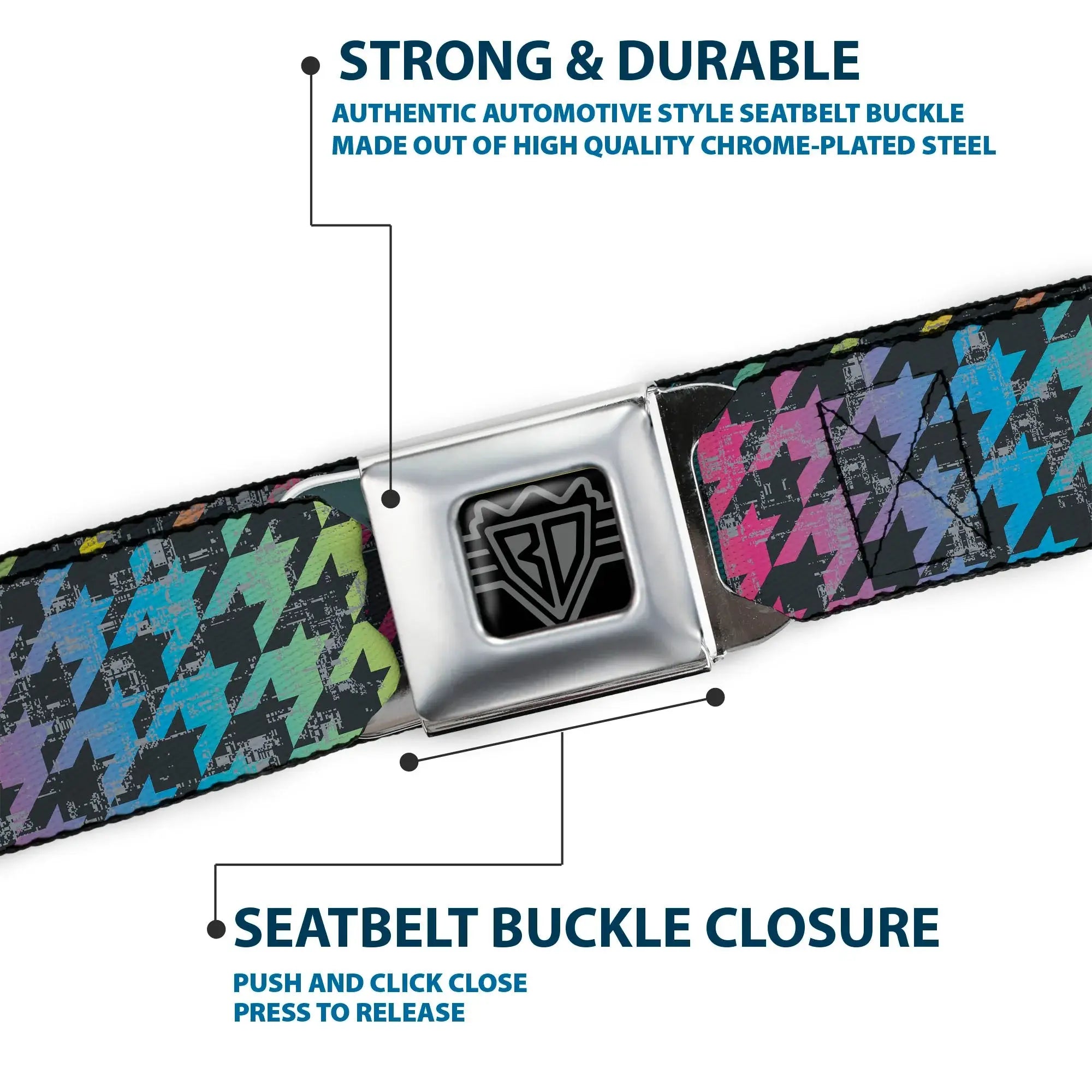 BD Wings Logo CLOSE-UP Full Color Black Silver Seatbelt Belt - Houndstooth Black/Rainbow Webbing - Buckle-Down - Flyclothing LLC