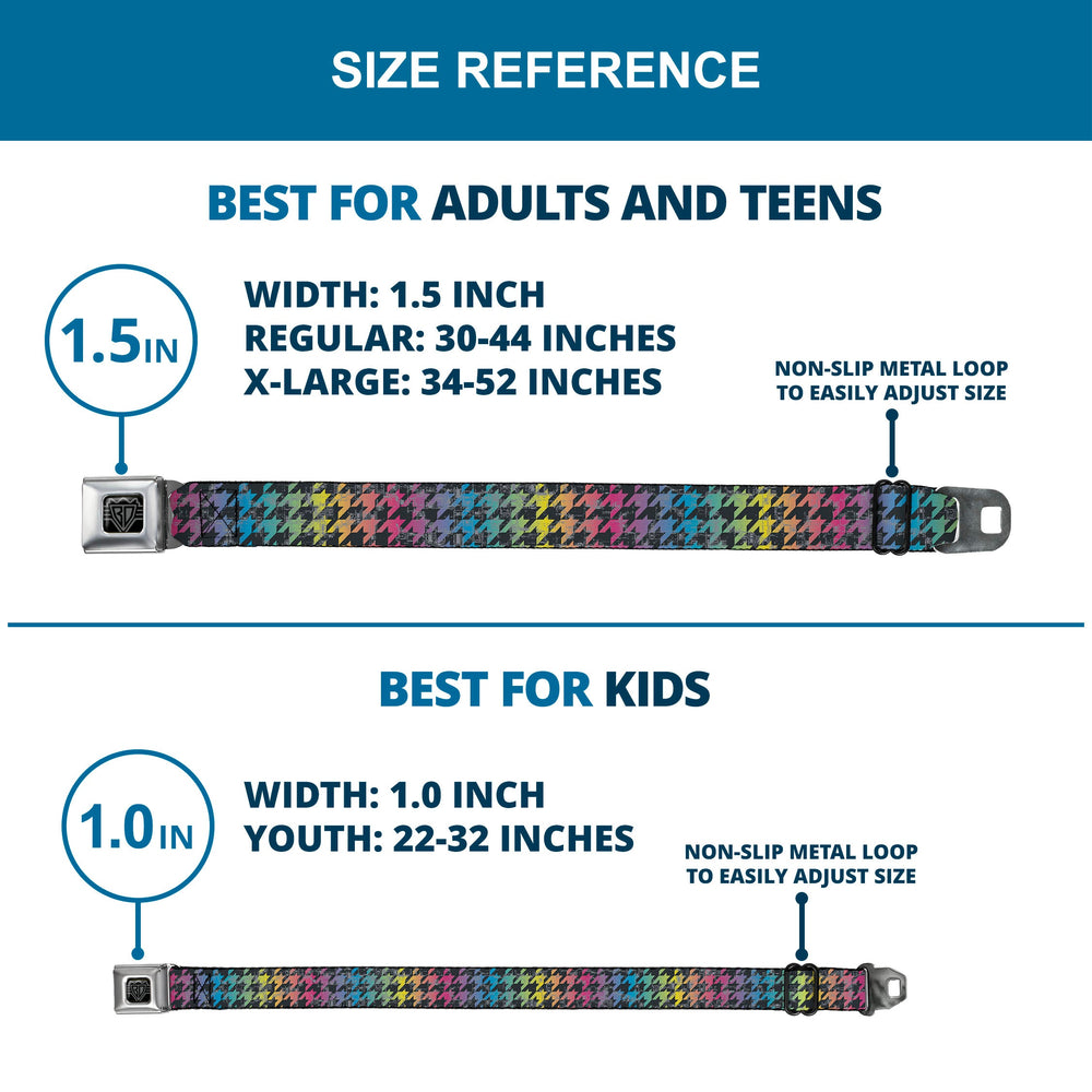 BD Wings Logo CLOSE-UP Full Color Black Silver Seatbelt Belt - Houndstooth Black/Rainbow Webbing - Buckle-Down - Flyclothing LLC