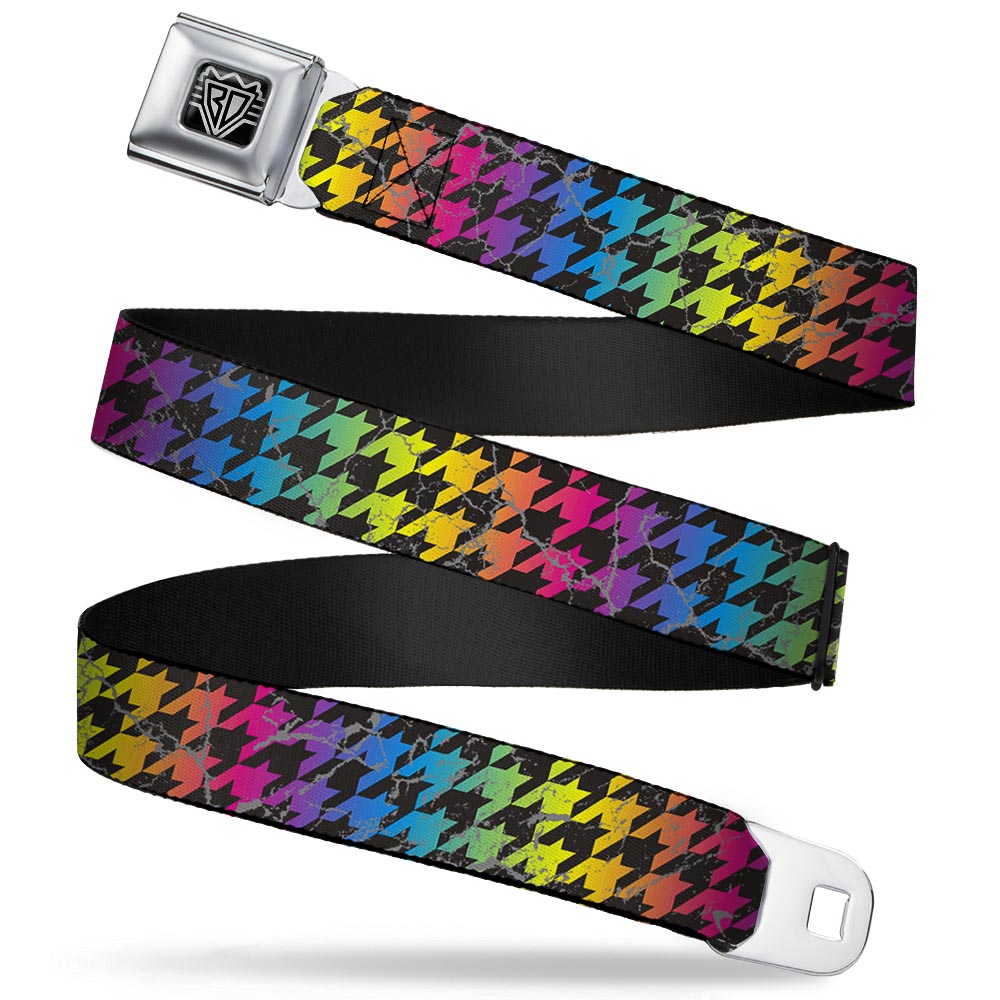 BD Wings Logo CLOSE-UP Full Color Black Silver Seatbelt Belt - Houndstooth Black/Rainbow Webbing - Buckle-Down - Flyclothing LLC