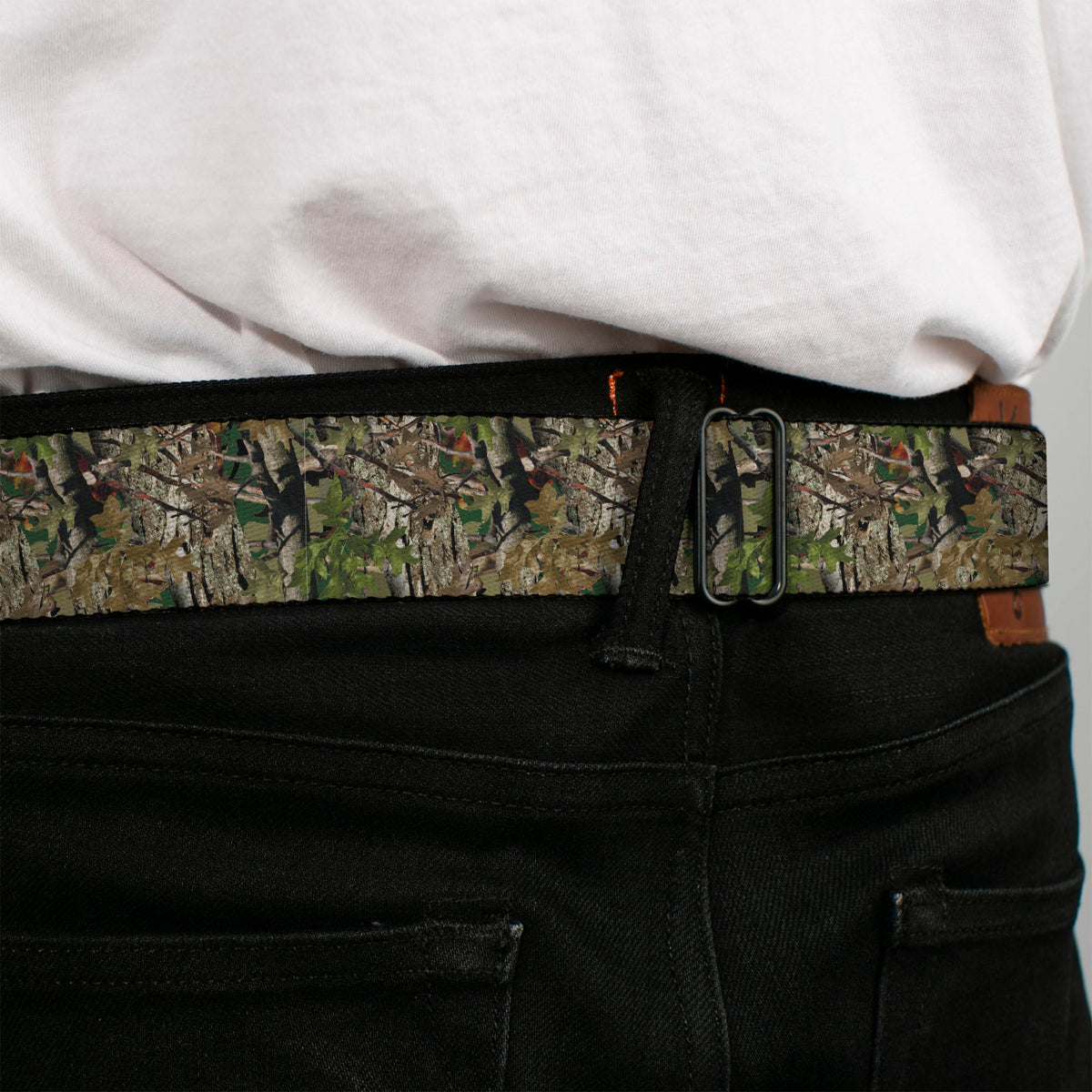 BD Wings Logo CLOSE-UP Full Color Black Silver Seatbelt Belt - Hunting Camo Webbing