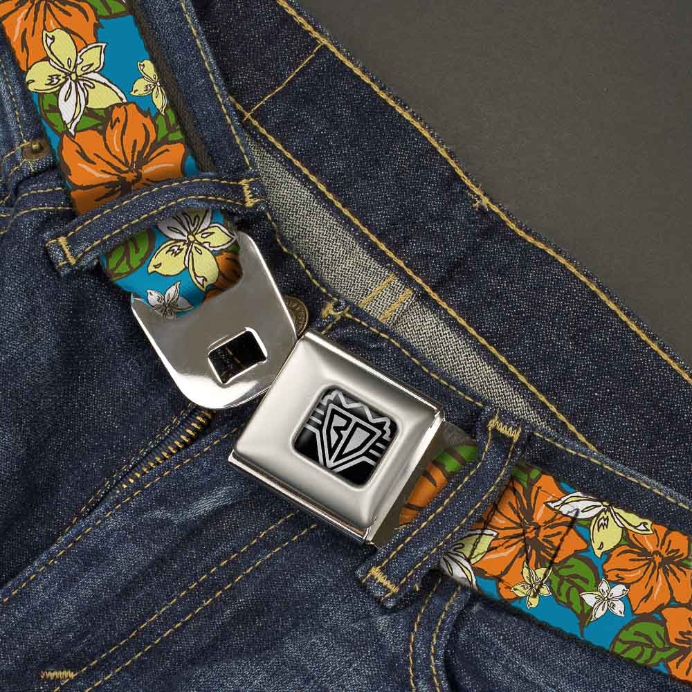 BD Wings Logo CLOSE-UP Full Color Black Silver Seatbelt Belt - Hibiscus Collage Blue/Orange/Yellow Webbing - Buckle-Down - Flyclothing LLC