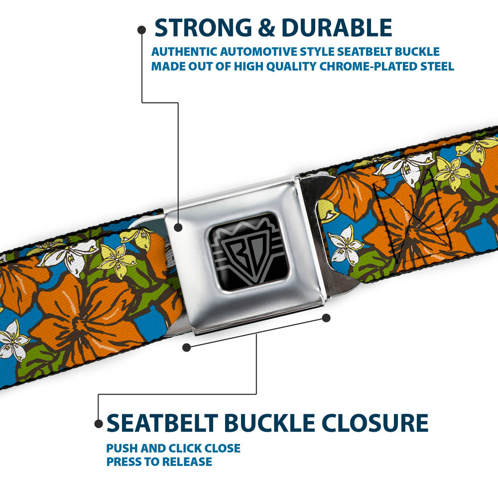BD Wings Logo CLOSE-UP Full Color Black Silver Seatbelt Belt - Hibiscus Collage Blue/Orange/Yellow Webbing - Buckle-Down - Flyclothing LLC