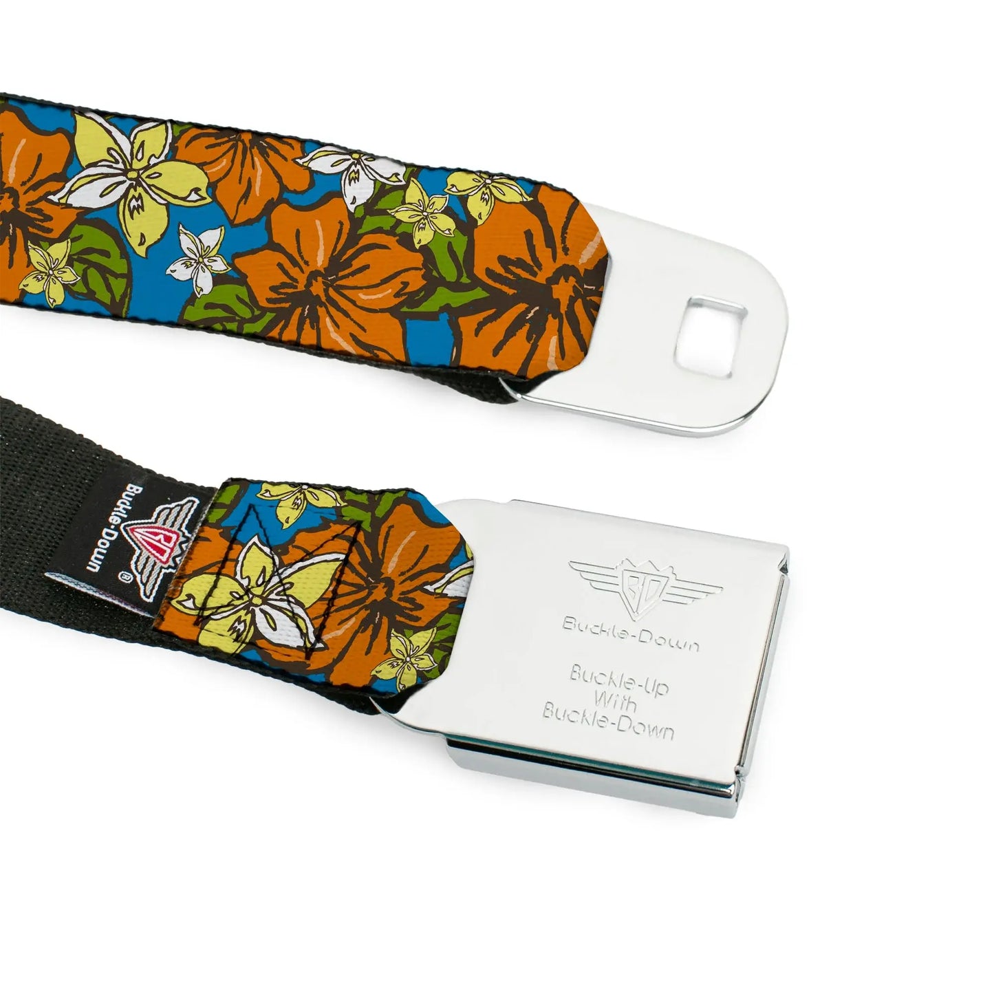 BD Wings Logo CLOSE-UP Full Color Black Silver Seatbelt Belt - Hibiscus Collage Blue/Orange/Yellow Webbing - Buckle-Down - Flyclothing LLC