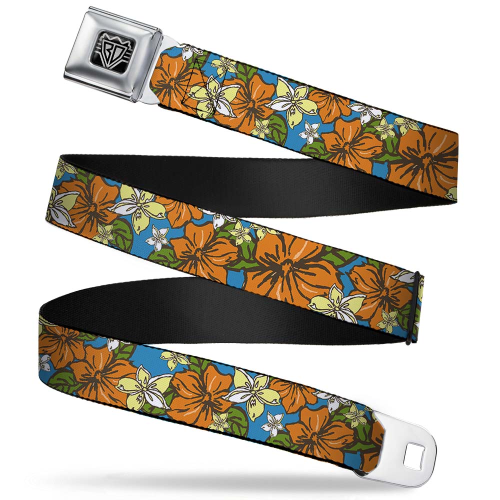 BD Wings Logo CLOSE-UP Full Color Black Silver Seatbelt Belt - Hibiscus Collage Blue/Orange/Yellow Webbing - Buckle-Down - Flyclothing LLC