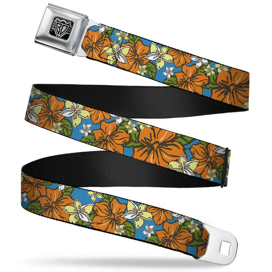 BD Wings Logo CLOSE-UP Full Color Black Silver Seatbelt Belt - Hibiscus Collage Blue/Orange/Yellow Webbing - Buckle-Down - Flyclothing LLC