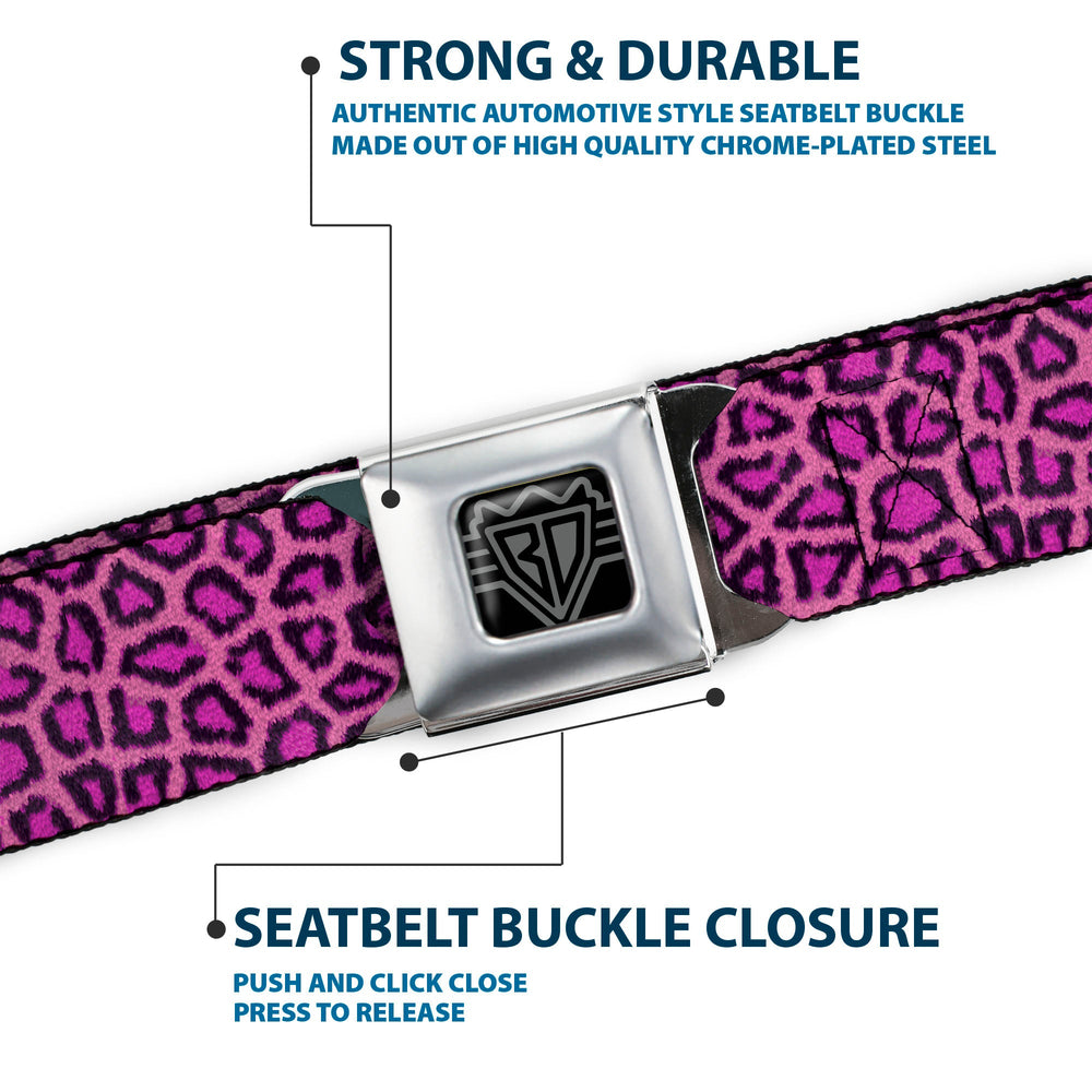 BD Wings Logo CLOSE-UP Full Color Black Silver Seatbelt Belt - Leopard Pink Fuchsia Webbing - Buckle-Down - Flyclothing LLC