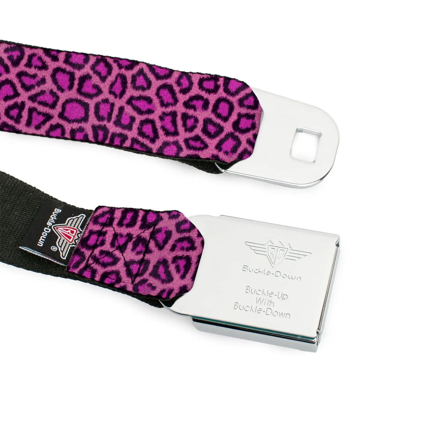 BD Wings Logo CLOSE-UP Full Color Black Silver Seatbelt Belt - Leopard Pink Fuchsia Webbing - Buckle-Down - Flyclothing LLC