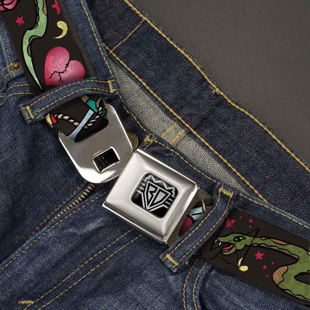 BD Wings Logo CLOSE-UP Full Color Black Silver Seatbelt Belt - Live Hard Die Young CLOSE-UP Black Webbing - Buckle-Down - Flyclothing LLC