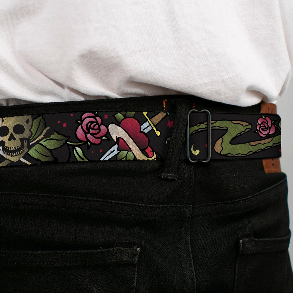 BD Wings Logo CLOSE-UP Full Color Black Silver Seatbelt Belt - Live Hard Die Young CLOSE-UP Black Webbing - Buckle-Down - Flyclothing LLC