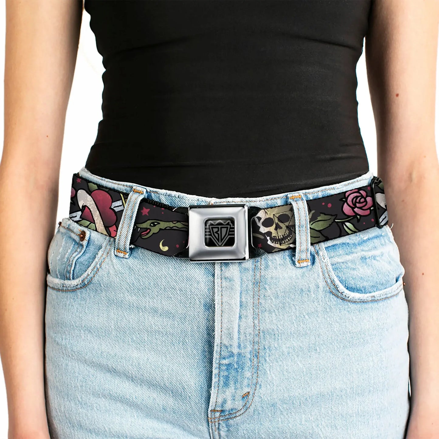 BD Wings Logo CLOSE-UP Full Color Black Silver Seatbelt Belt - Live Hard Die Young CLOSE-UP Black Webbing - Buckle-Down - Flyclothing LLC
