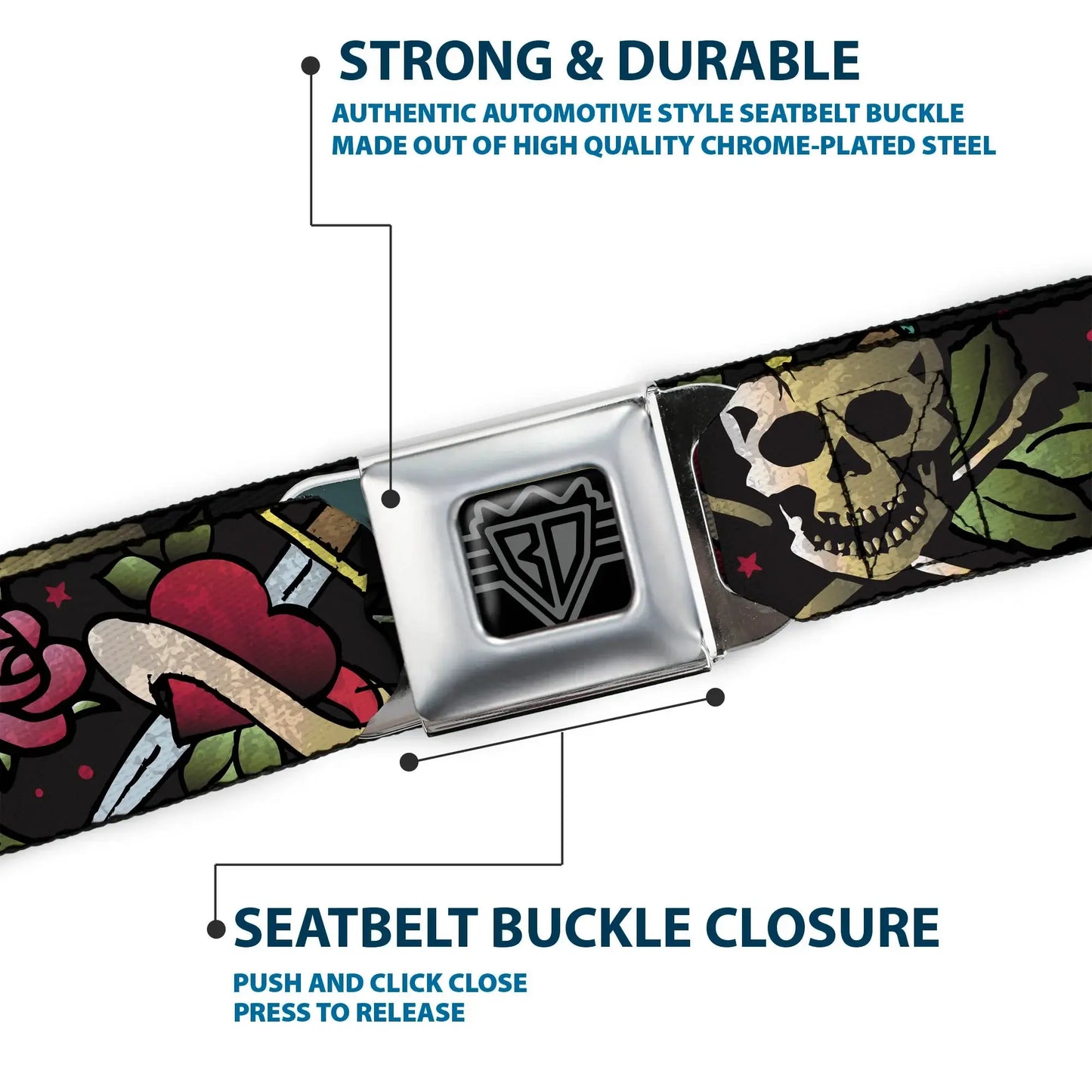 BD Wings Logo CLOSE-UP Full Color Black Silver Seatbelt Belt - Live Hard Die Young CLOSE-UP Black Webbing - Buckle-Down - Flyclothing LLC