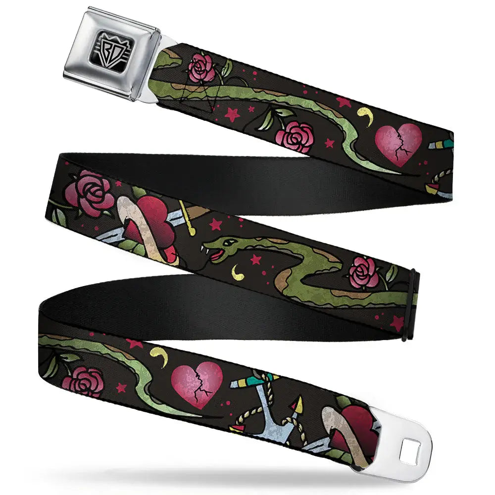 BD Wings Logo CLOSE-UP Full Color Black Silver Seatbelt Belt - Live Hard Die Young CLOSE-UP Black Webbing - Buckle-Down - Flyclothing LLC