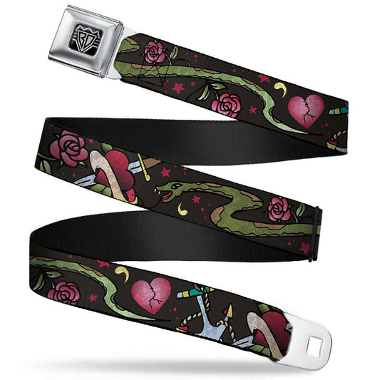 BD Wings Logo CLOSE-UP Full Color Black Silver Seatbelt Belt - Live Hard Die Young CLOSE-UP Black Webbing - Buckle-Down - Flyclothing LLC