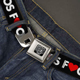 BD Wings Logo CLOSE-UP Full Color Black Silver Seatbelt Belt - LOS F*CKIN' ANGELES Heart Black/White/Red Webbing - Buckle-Down - Flyclothing LLC