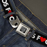 BD Wings Logo CLOSE-UP Full Color Black Silver Seatbelt Belt - LOS F*CKIN' ANGELES Heart Black/White/Red Webbing