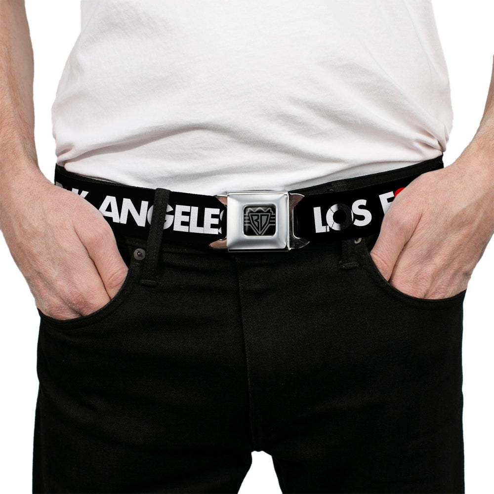 BD Wings Logo CLOSE-UP Full Color Black Silver Seatbelt Belt - LOS F*CKIN' ANGELES Heart Black/White/Red Webbing - Buckle-Down - Flyclothing LLC