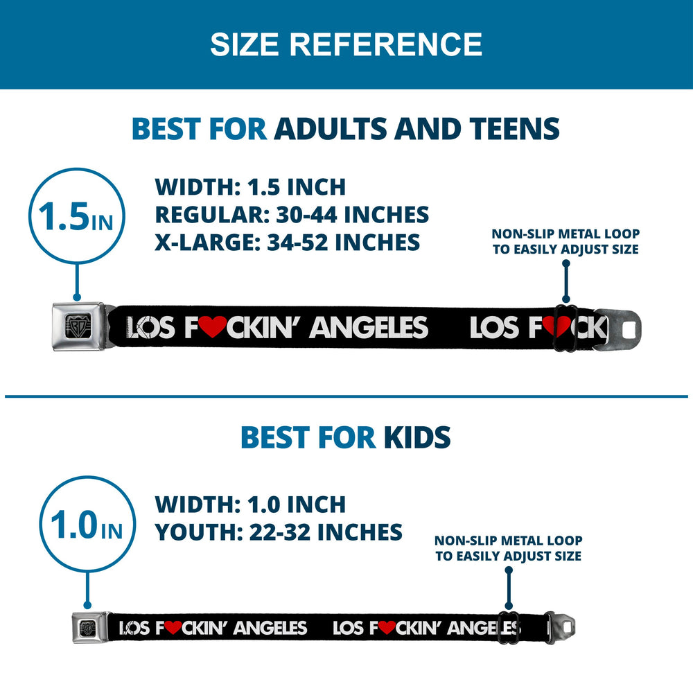 BD Wings Logo CLOSE-UP Full Color Black Silver Seatbelt Belt - LOS F*CKIN' ANGELES Heart Black/White/Red Webbing - Buckle-Down - Flyclothing LLC