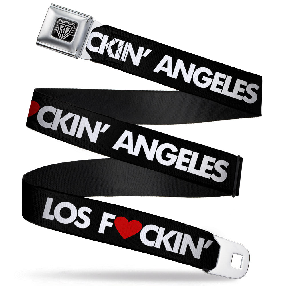 BD Wings Logo CLOSE-UP Full Color Black Silver Seatbelt Belt - LOS F*CKIN' ANGELES Heart Black/White/Red Webbing - Buckle-Down - Flyclothing LLC