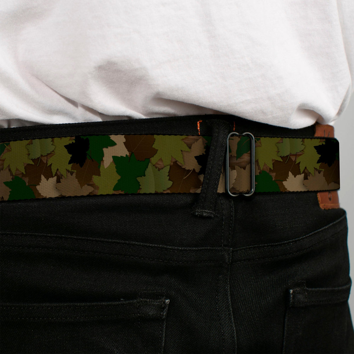 BD Wings Logo CLOSE-UP Full Color Black Silver Seatbelt Belt - Leaf Camo Browns/Greens/Black Webbing
