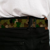 BD Wings Logo CLOSE-UP Full Color Black Silver Seatbelt Belt - Leaf Camo Browns/Greens/Black Webbing