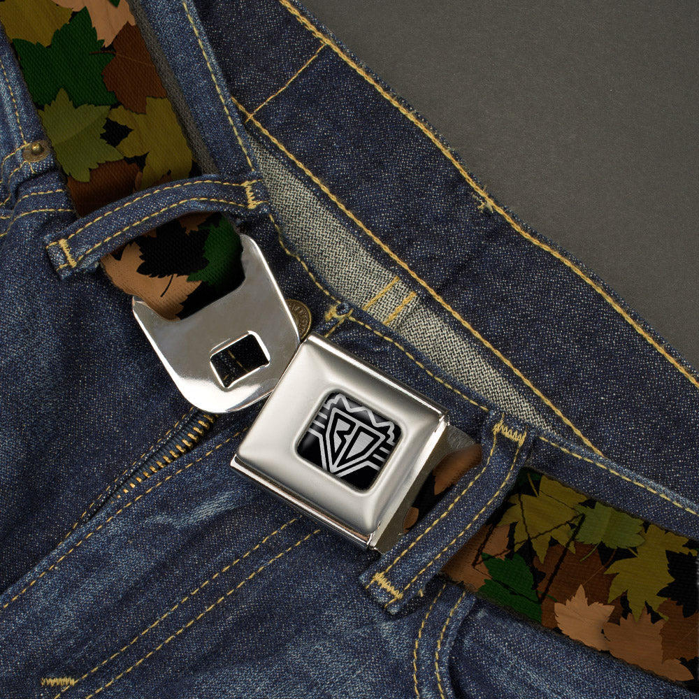 BD Wings Logo CLOSE-UP Full Color Black Silver Seatbelt Belt - Leaf/Branch Camo Tan/Browns/Greens Webbing - Buckle-Down - Flyclothing LLC