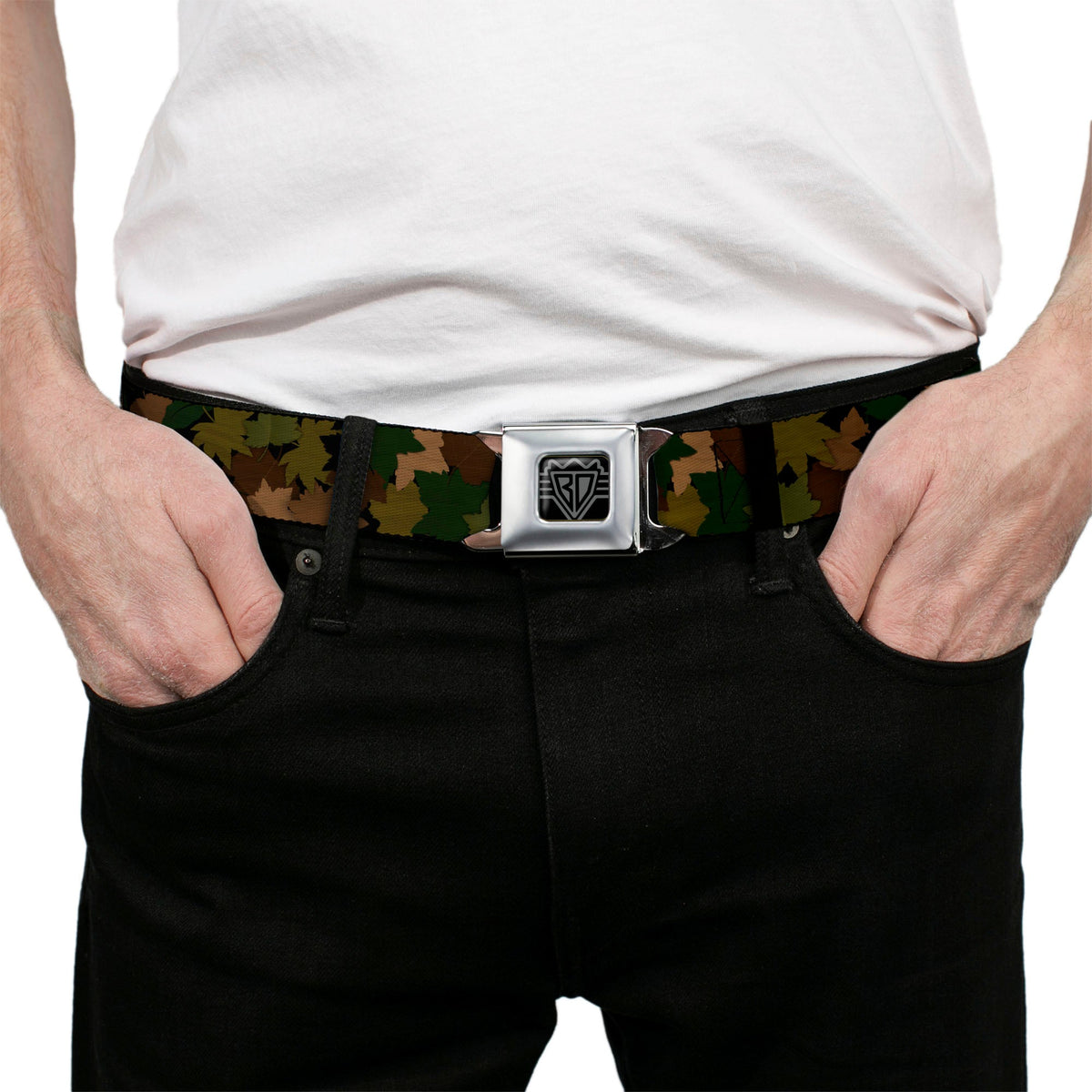 BD Wings Logo CLOSE-UP Full Color Black Silver Seatbelt Belt - Leaf/Branch Camo Tan/Browns/Greens Webbing - Buckle-Down - Flyclothing LLC