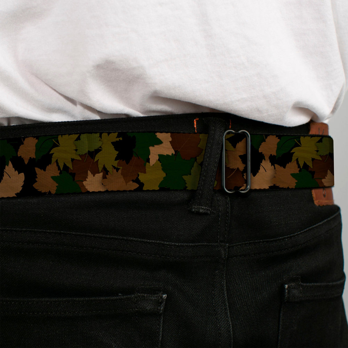 BD Wings Logo CLOSE-UP Full Color Black Silver Seatbelt Belt - Leaf/Branch Camo Tan/Browns/Greens Webbing - Buckle-Down - Flyclothing LLC