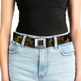 BD Wings Logo CLOSE-UP Full Color Black Silver Seatbelt Belt - Leaf/Branch Camo Tan/Browns/Greens Webbing - Buckle-Down - Flyclothing LLC