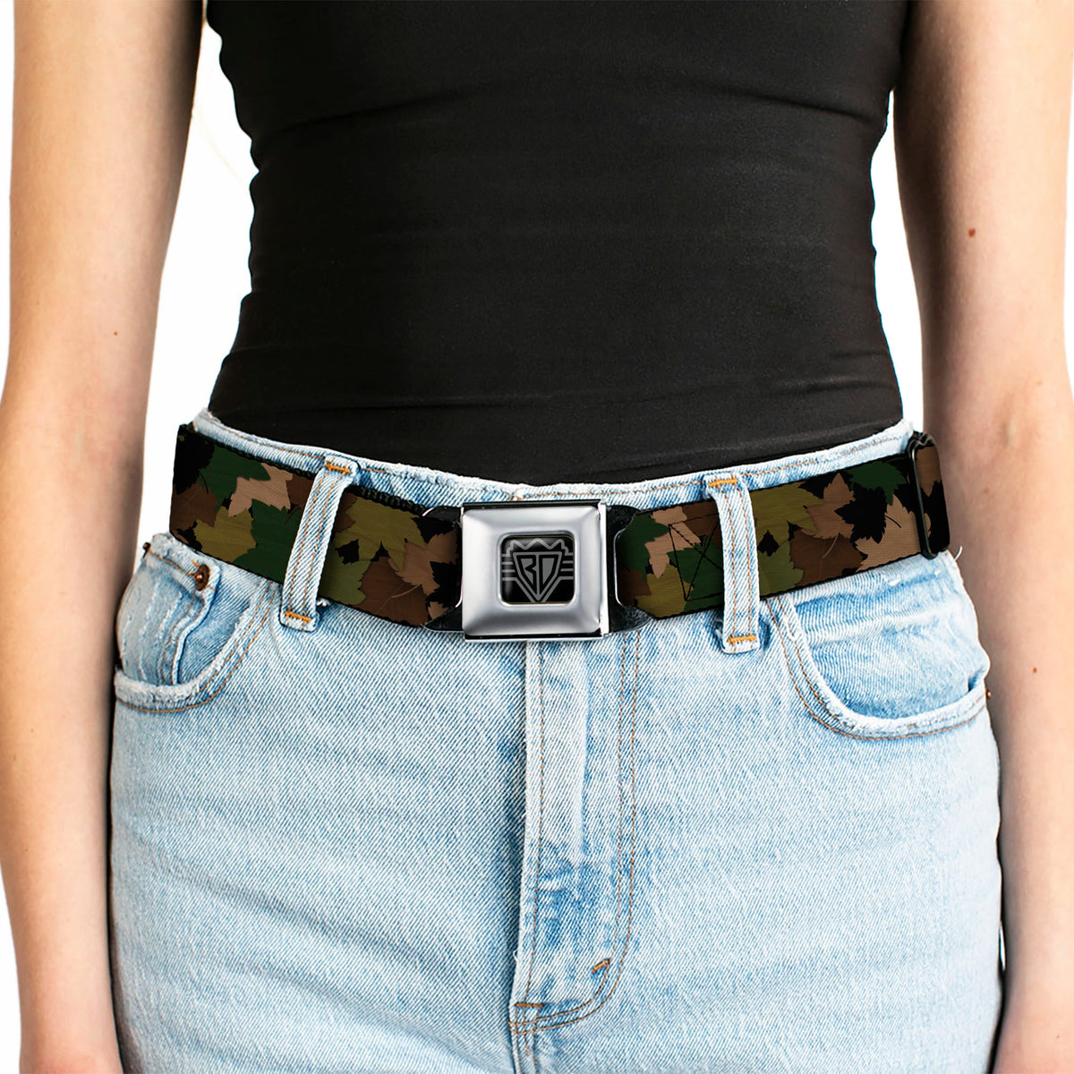 BD Wings Logo CLOSE-UP Full Color Black Silver Seatbelt Belt - Leaf/Branch Camo Tan/Browns/Greens Webbing - Buckle-Down - Flyclothing LLC