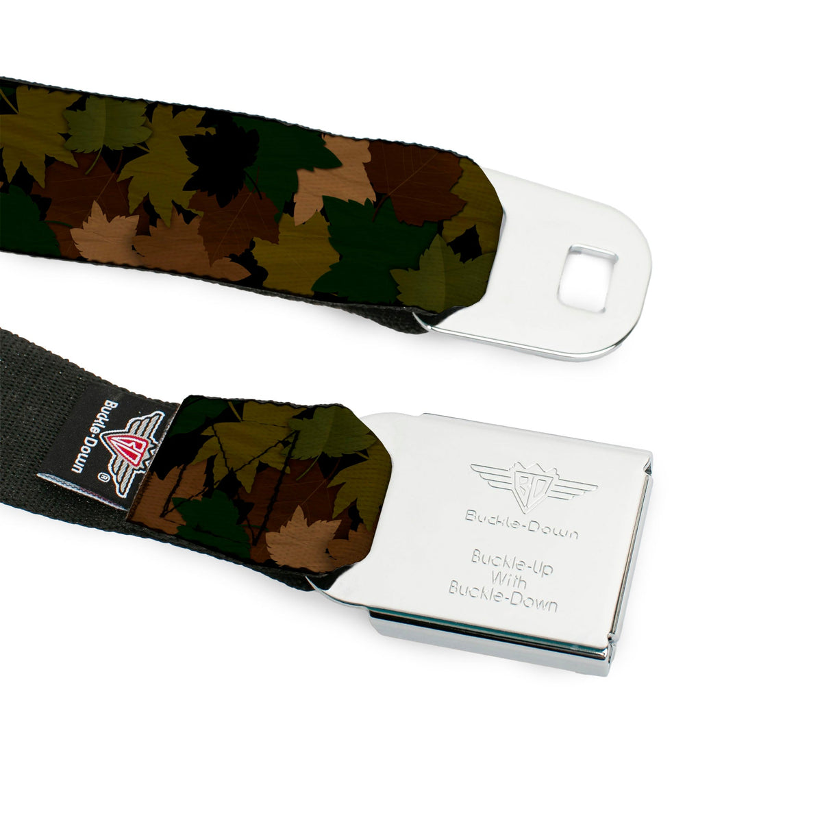 BD Wings Logo CLOSE-UP Full Color Black Silver Seatbelt Belt - Leaf/Branch Camo Tan/Browns/Greens Webbing - Buckle-Down - Flyclothing LLC