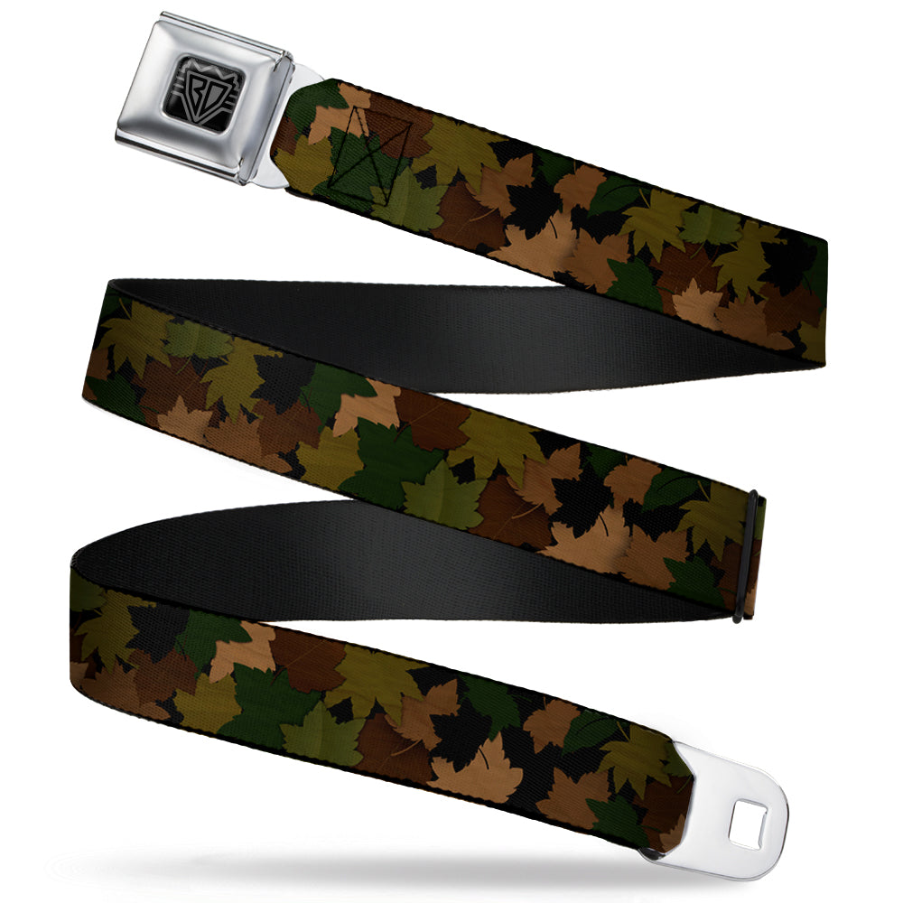 BD Wings Logo CLOSE-UP Full Color Black Silver Seatbelt Belt - Leaf/Branch Camo Tan/Browns/Greens Webbing - Buckle-Down - Flyclothing LLC