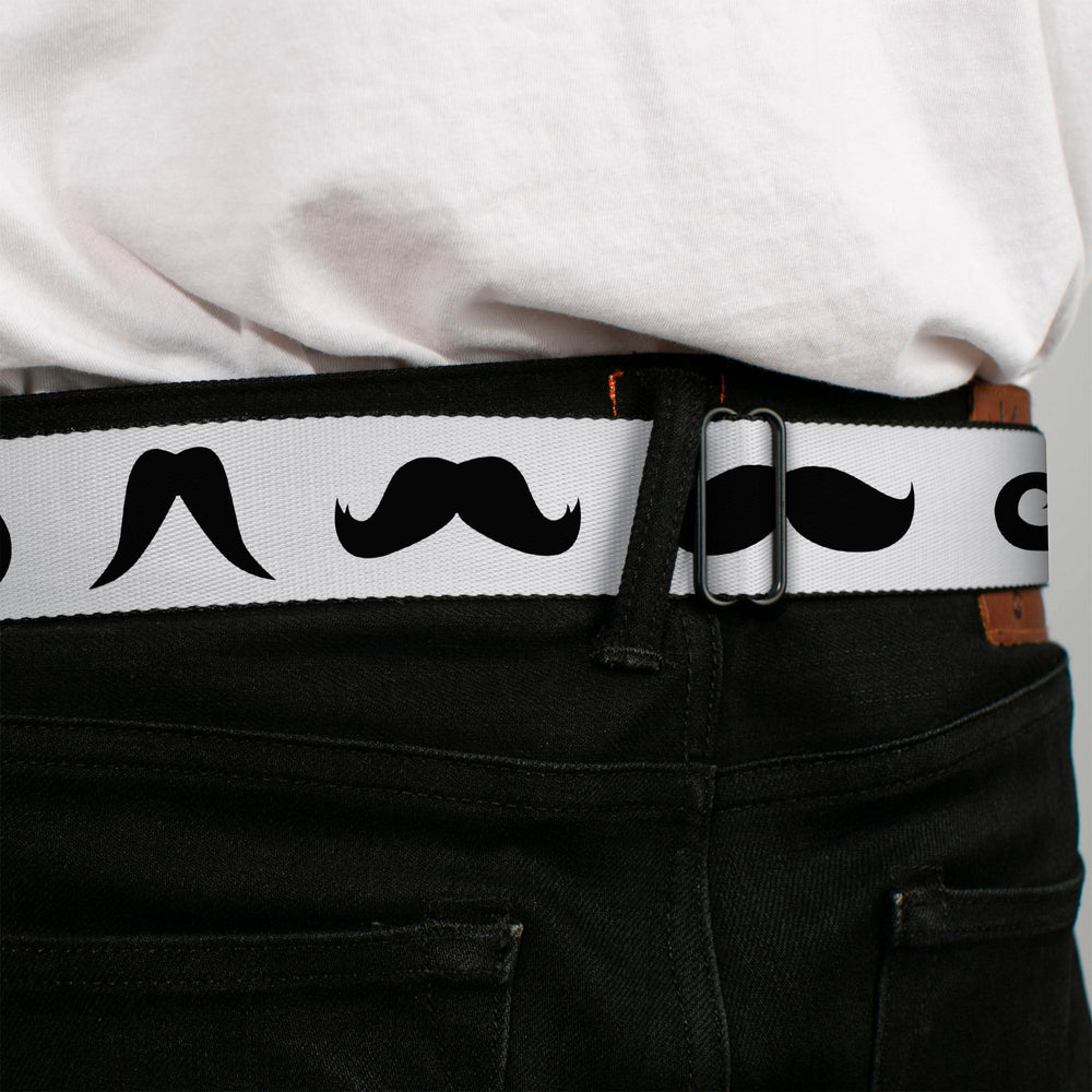 BD Wings Logo CLOSE-UP Full Color Black Silver Seatbelt Belt - Mustaches Straight White/Black Webbing - Buckle-Down - Flyclothing LLC
