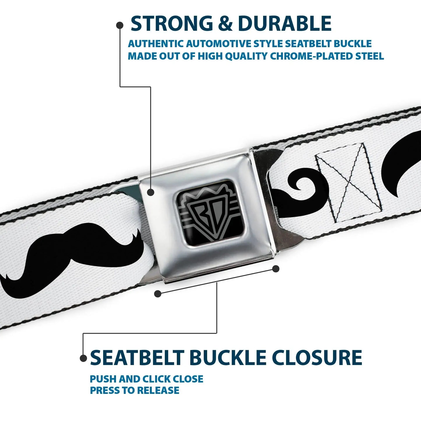 BD Wings Logo CLOSE-UP Full Color Black Silver Seatbelt Belt - Mustaches Straight White/Black Webbing - Buckle-Down - Flyclothing LLC
