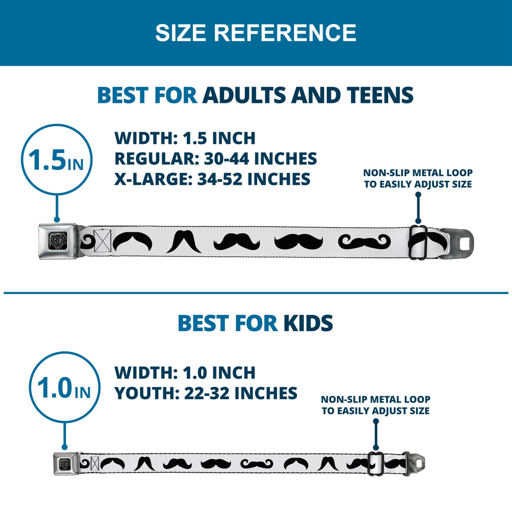 BD Wings Logo CLOSE-UP Full Color Black Silver Seatbelt Belt - Mustaches Straight White/Black Webbing - Buckle-Down - Flyclothing LLC