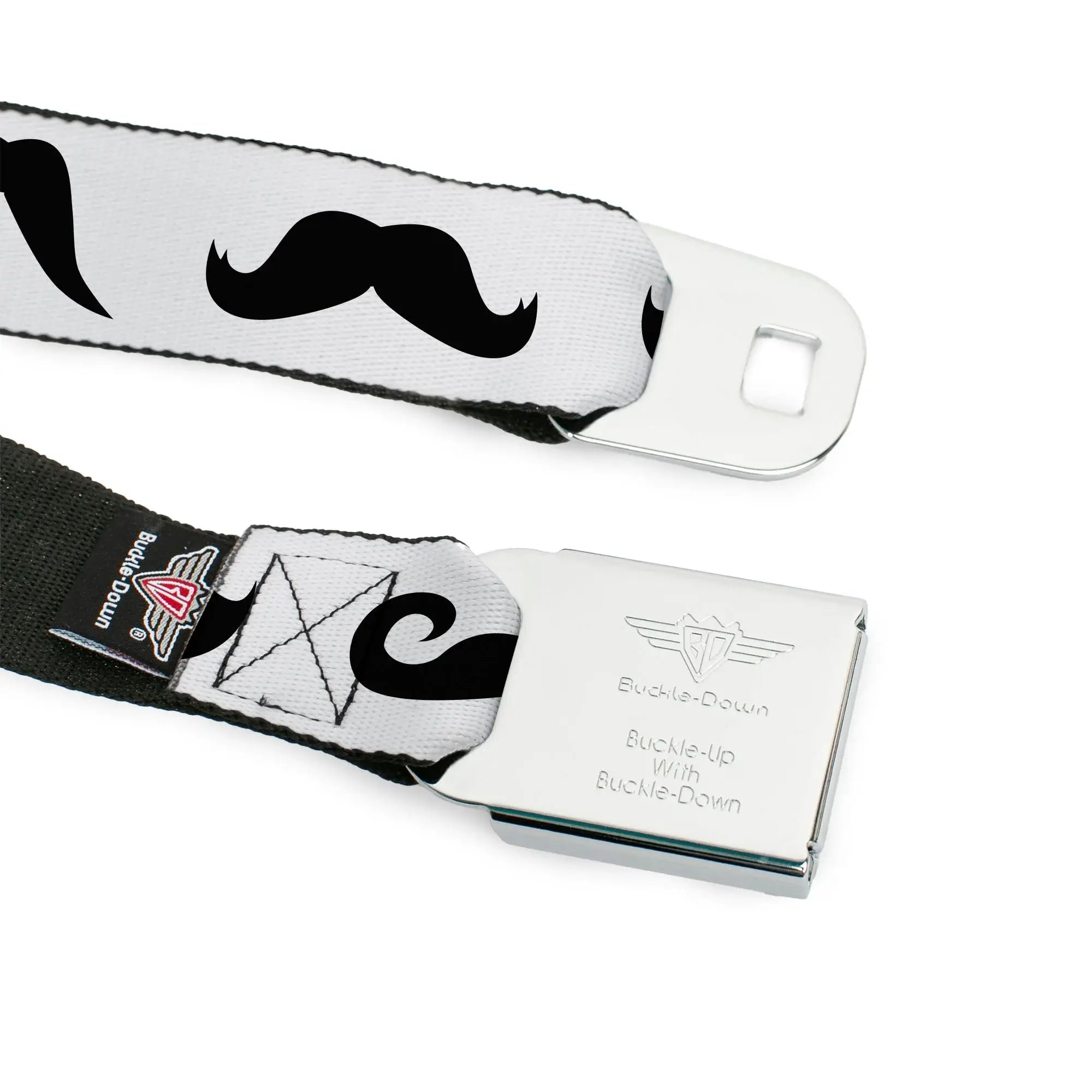 BD Wings Logo CLOSE-UP Full Color Black Silver Seatbelt Belt - Mustaches Straight White/Black Webbing - Buckle-Down - Flyclothing LLC